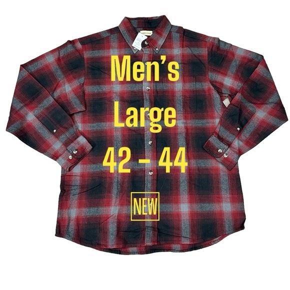 Men's Bass Pro Large Flannel Shirt Plaid Buffalo Red Gray Pocket Long Sleeve NWT - Picture 2 of 8